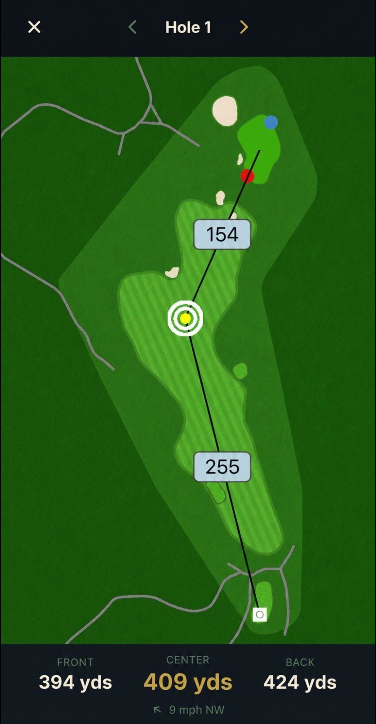 Next18Now GPS course map showing Hole 1 with yardage overlay